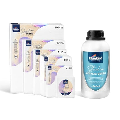 BLUEBIRD Canvas Board Set of 14 (4x4, 4x6, 5x7, 8x10, 9x12, 11x14) Studio Acrylic Gesso 500ml - White Liquid Gesso Primer