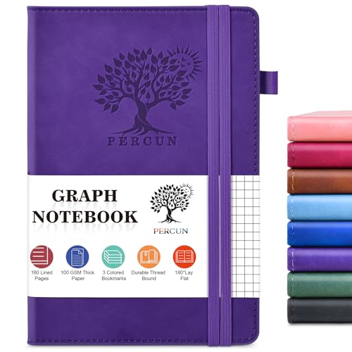 PERCUN A5 Graph Paper Notebook, Leather Journal, 160 Pages Grid Notebook | 5.9"x8.5" hardcover journal with quad ruled paper for work, school, writing, notes, journaling and daily planning. - color: Purple, size: Grid Page
