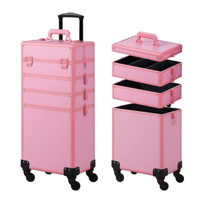 Somduy Makeup Train Case, Rolling Makeup Case with Lid, 5 in 1 Cosmetology Case on Wheels, Christmas Gift, Large Makeup Case Organizers, Profesional Cosmetic Case for Salon Barber, Pink - color: Pink