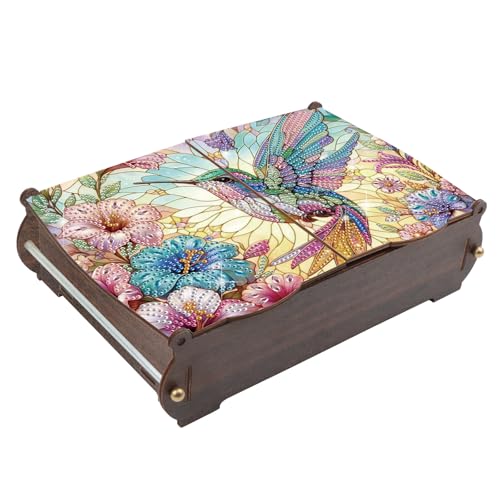 MVVMTOP Diamond Painting Kit Wooden Storage Box, Hummingbird and Flowers DIY Special Shaped Diamond Flip Cover Wooden Money Box, Handmade Art Desktop Decorations Birthday Gifts for Friends - color: Hummingbird