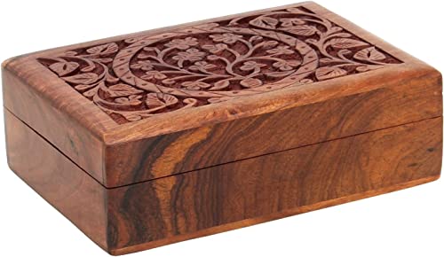 GURU JEE Hand Carved Wooden Jewelry Box For Women Keepsake Storage Organizer With Tree Of Life Patterns - color: MONEY-PLANT_7X5