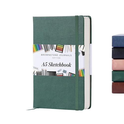 BROWNSTONE JOURNALS A5 Sketch Book Hardcover - 80 Sheets 100 GSM Paper 5"x8", Lay Flat, Vegan Leather Cover, Elastic Band, Back Pocket, Art Drawing Book (Dartmouth Green) - color: Dartmouth Green, size: A5 (5" x 8")