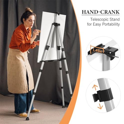 Art Easel Stand for Painting or Sign, Portable Adjustable 66 inches Display Tripod Artist Floor Aluminum Metal Easel with 1 Bag for Table-top/Floor Drawing, Sturdy for Canvases Displaying - Silver - style: Silver