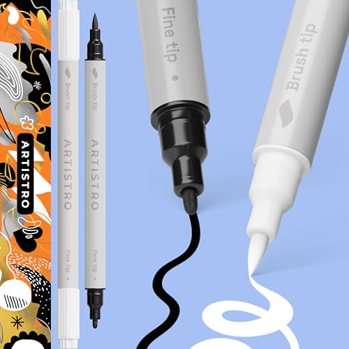 ARTISTRO 2 White & Black Dual-Tip Acrylic Paint Pens - Multisurface Markers for Glass, Rock, Fabric, Wood, Plastic & More - 1 mm Fine & Brush Tips - color: Black&White, style: Dual Tip Brush + Fine