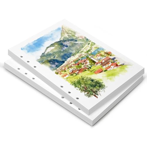 Lightwish Watercolor Paper Bulk Refillable, 100% Cotton Cold Press 300gsm/140lb, 2 Pack, Total 40 Sheets Hole-Punched Replaceable Paper for Artists, Adults, Students,6.69 * 3.94 Inches