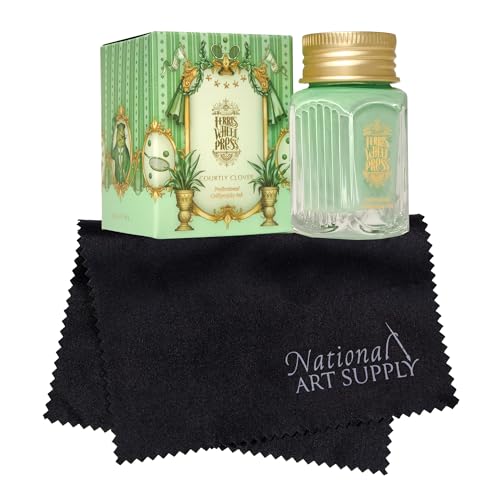 Ferris Wheel Press Courtley Clover 28ml Calligraphy Ink for Calligraphy & Dip Pens - National Art Supply 5x7 Microfiber Cloth - Opaque Light Green - Waterproof Dip Pen Ink for Artists