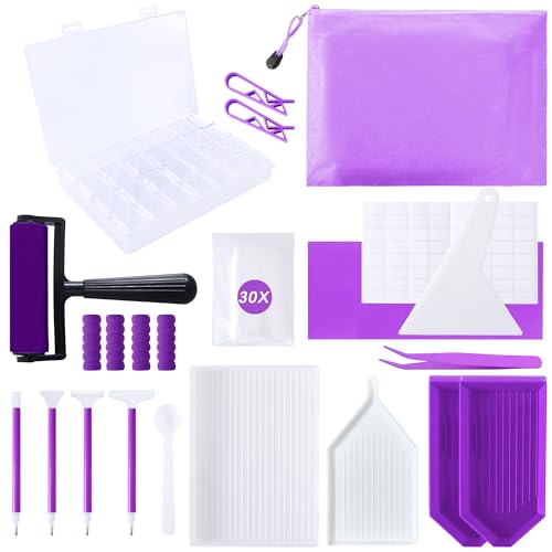 LYMUSUMI 61PCS 5D Diamonds Art Accessories and Tools Kits with Diamond Painting Roller and Diamond Art Storage Box for Adults or Kids（Purple） - color: Purple