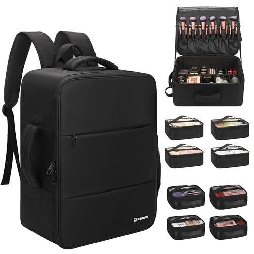 Relavel Makeup Backpack Extra Large Travel Train Case Professional Makeup Artist Kit Set Bag with 8 Clear Bags, Brush Storage Organizer Box with Dividers for Cosmetic Hair Tools Barber Supplies - color: Black with extra 4 clear bags, size: Large