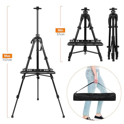 Art Easel Aluminum Alloy Portable Extendable Easel with Hand Crank Adjustable to 61.8 '' Drawing Board Holder, Compass, Level and Storage Bag -for Artists, Painters, Sketching, Outdoor Painting - style: Black