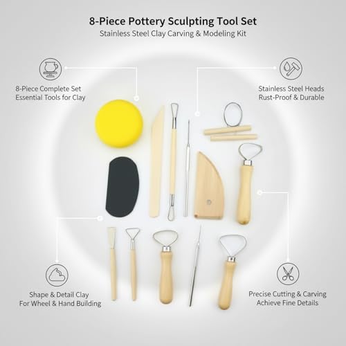 8-Piece Stainless Steel Pottery Tool Kit for Clay Sculpting, Carving & Modeling - Essential Ceramics Set for Wheel Throwing and Hand Building
