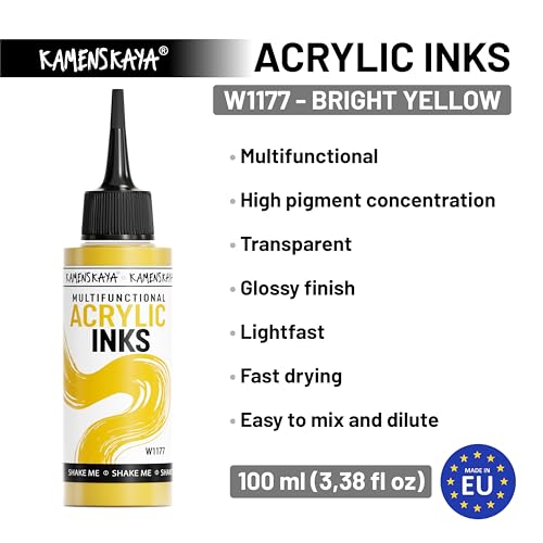 Kamenskaya Acrylic Inks for Artists - 'Bright Yellow' Acrylic Ink, 3.38 Fl Oz (100 ml) - color: Bright Yellow