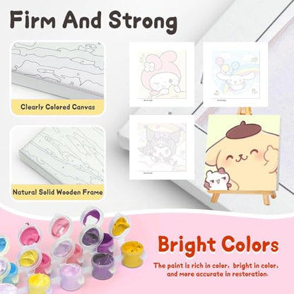 nekpiahu 6 Pack Cartoon Paint by Numbers for Kids with Framed Canvas-Cartoon Paint by Numbers for Kids Ages 4-8-12, Kid Paint by Number Crafts Kits for Home Wall Decor GIF 8X8incht(with Wooden Easel)