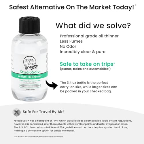 Tusc & Pine StudioSolv™ Odorless Mineral Spirits 33.8oz (1L) - Purified Odor-Free Spirit Solvent for Thinning Oils, Artists, Painting Thinner, Professionals, & More!