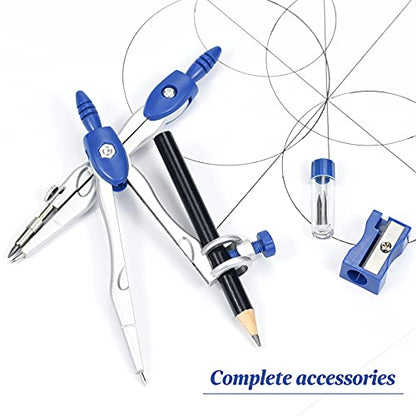 Unjoo Math Geometry Kit Sets 10 Piece Student Supplies with Shatterproof Storage Box,Includes Rulers,Protractor,Compass,Eraser,Pencil Sharpener,Lead Refills,Pencil,for Drafting and Drawings（Navy blue） - color: Navy Blue