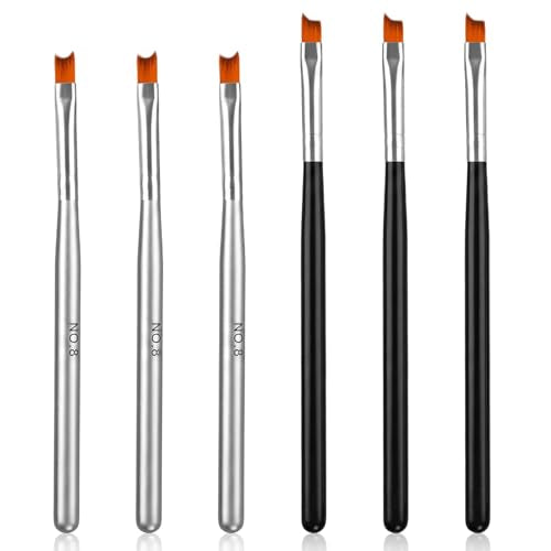 6 Pcs French Tip Brush Oblique Head French Tip Nail Brush, Long Tip Bristle Brushes for Gel & Acrylic Wooden Handle, Fine Liner Painting Pen for Nail Art 2 Styles Manicure Brushes