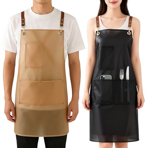 2 Pack Waterproof Translucent Apron with Large Pockets,Cross Back Apron Cooking Apron for Dishwashing,Cleaning Fish, - color: Black&brown