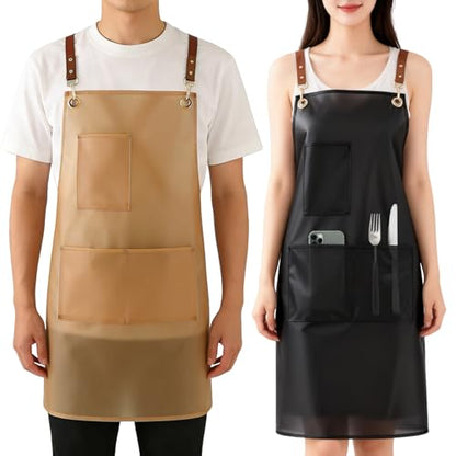 2 Pack Waterproof Translucent Apron with Large Pockets,Cross Back Apron Cooking Apron for Dishwashing,Cleaning Fish, - color: Black&brown