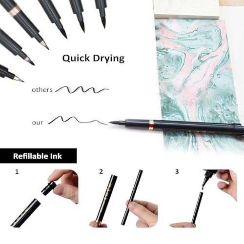 Hand Lettering Pens, Refillable Calligraphy Pens Brush Marker Pens Set Black, 4 Size for Writing, Painting, Drawing, Pack of 6