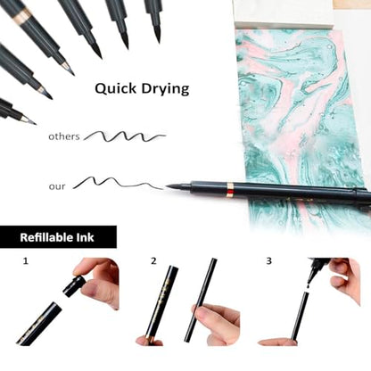 Hand Lettering Pens, Refillable Calligraphy Pens Brush Marker Pens Set Black, 4 Size for Writing, Painting, Drawing, Pack of 6