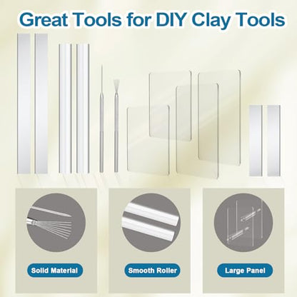 Amrules Clay Tools Kit, 12 PCS Polymer Clay Cutter Tools, Rectangle Shape Acrylic Press Board and Roller Pin Supplies Suitable for Shaping, Carving, Pottery Craft and DIY Projects - color: Clear-Board-12Pcs