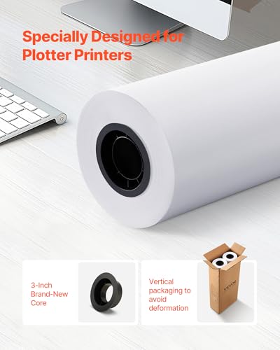 VEVOR Wide Format Paper, 30 in x 500 ft Plotter Roll, 2 Rolls CAD Bond Rolls with 3 in Core, 20 LB Bond Paper Rolls, Ideal for CAD Drawings, Engineering Plans, GIS Maps, and Architectural Designs - size: 30 in x 500 ft, style: 2 Rolls
