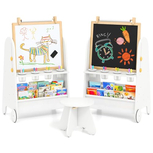 INFANS Easel for Kids with Stool, 4-in-1 Double-Sided Adjustable Magnetic Chalkboard with Paper Roll, Bookshelves, Wheels, Wooden Standing Painting Drawing Art Board for Boys Girls - style: White