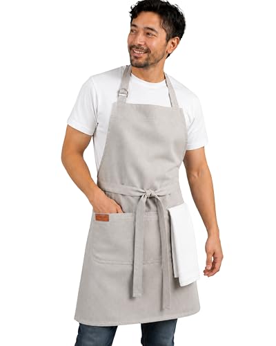 100% Cotton Kitchen Apron with 2 Pockets – Adjustable Chef Apron for Cooking Baking BBQ – Unisex Apron - color: Light Grey, size: Standard