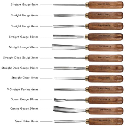 12-Pieces Woodworking Wood Carving Tools Chisel Set with Wooden Box, Razor Sharp CR-V 60 Steel Blades - size: 12PCS with Teak Wood Handle