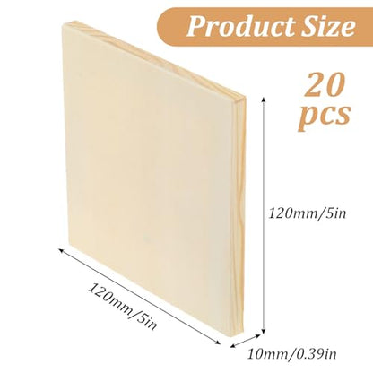 20 Pack 5x5 Inch Wood Canvas Panels, 1cm Thick Unfinished Pine Wooden Boards for Artists, Painting, Burning, Pouring Art, String Crafts and DIY Projects
