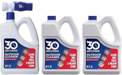 30 Seconds Outdoor Cleaner | Cleans Moss Stains from House, Vinyl Siding, Deck, Patio, Fence - 3 Capped Bottles, 1 Hose End Spray Attachment (64 Fl Oz (Pack of 3) - size: 64 Fl Oz (Pack of 3)