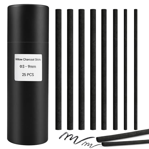 Willow Charcoal Sticks, Natural Willow Charcoal Pencils for Artists, Beginners, Students, Great for Sketching, Drawing, and Shading, Pack of 25 (3-9, Millimeters) - style: 3-9mm