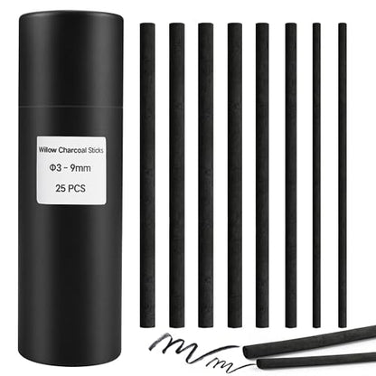 Willow Charcoal Sticks, Natural Willow Charcoal Pencils for Artists, Beginners, Students, Great for Sketching, Drawing, and Shading, Pack of 25 (3-9, Millimeters) - style: 3-9mm