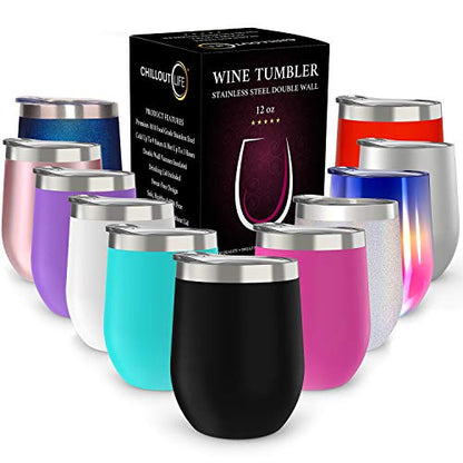 CHILLOUT LIFE 12 oz Stainless Steel Wine Tumbler with Lid - Double Wall Vacuum Insulated Wine Cup Glass Keeping Cold & Hot for Coffee, Champagne, Cocktails, Ice Cream - Powder Coated Black - color: Black, style: 1 Pack