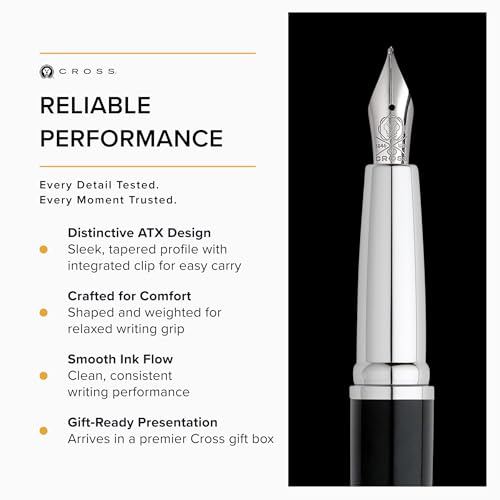Cross ATX Basalt Black Stainless Steel Fine Nib Fountain Pen - Refillable Pen for Smooth Writing - Black Ink - Comfortable Grip - Long-Lasting - Professional Office Supplies - color: Basalt Black, style: Fine Nib
