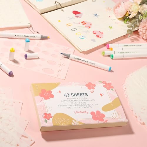 Patemby 1/2, 3/4, 1, 5/4 Inch Small Letter Stencils for Painting, 43 Pack Crafts Reusable Plastic Letter Templates 6 Different Font with Tiny Number & Alphabet Stencil for DIY Crafts Art Projects