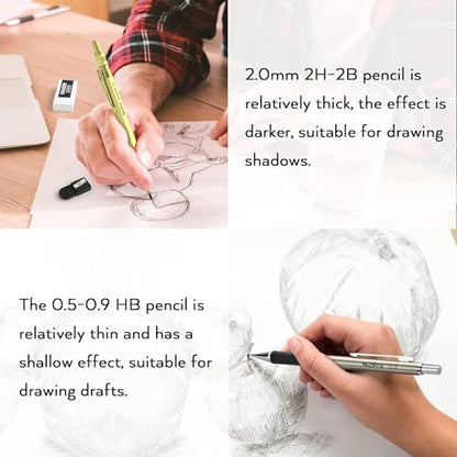 Nicpro 35PCS Gold Art Mechanical Pencils Set, 3 PCS Metal Drafting Pencil 0.5 mm & 0.7 mm & 0.9 mm & 3 PCS 2mm Lead Holder (6B 4B 2B HB 2H 4H Colors) For Sketching Drawing With 20 Tube Lead Refills - color: Gold, style: 0.5 0.7 0.9 2.0