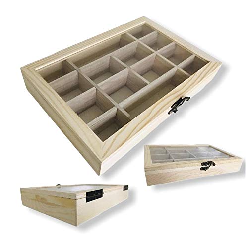 2 Pack Unfinished Wooden Jewelry Organizer Box with Glass Lid – 14 Compartment Bead & Craft Storage Case – DIY Paintable Wood Display Box for Jewelry, Gems, Supplies