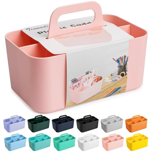 Tiawudi Multipurpose Caddy Organizer, Plastic Caddy with Handle, Stackable Desk Organizer for Stationery, Marker and Pencil, Office Supplies Organizer, Dorm Caddy - color: Pink