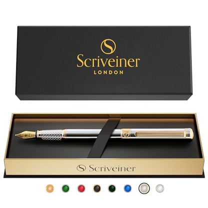 Scriveiner Silver Chrome Fountain Pen - Stunning Luxury Pen, Real Gold Finish, Schmidt Gilded Nib (Extra Fine), Best Gift Set for Men & Women Professional Executive Office Nice Designer Pen - color: 10. Silver Chrome with Gold, style: Extra Fine Nib