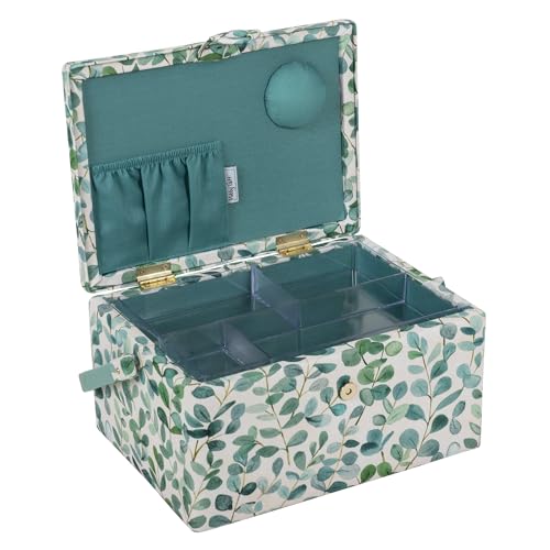 Hobby Gift Medium Sewing Box Organiser, Fabric Covered Storage Box with Handle, Internal Tray, Pin Cushion and Pocket for Sewing, Quilting and Knitting Supplies - color: Eucalyptus