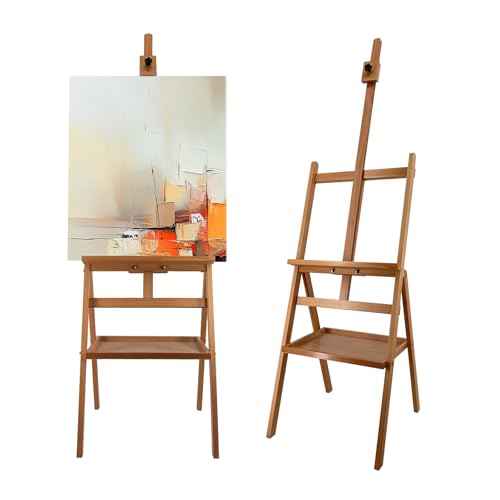 Solid Beech Wood Painting Easel with Storage Plate (60"~75" H), H-Frame Adjustable Art Wooden Easel Stand with Signature Plate for Adults, Students,Sturdy Canvas Holder up to 36'' - style: Easel Plate