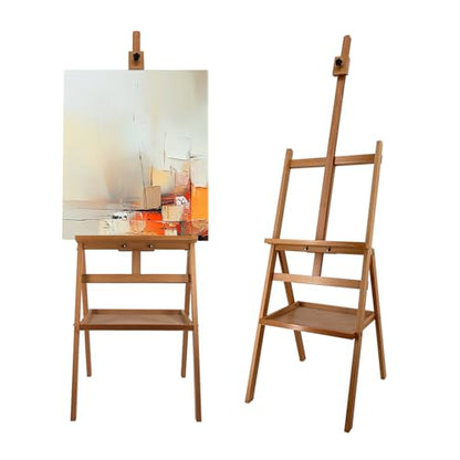 Solid Beech Wood Painting Easel with Storage Plate (60"~75" H), H-Frame Adjustable Art Wooden Easel Stand with Signature Plate for Adults, Students,Sturdy Canvas Holder up to 36'' - style: Easel Plate