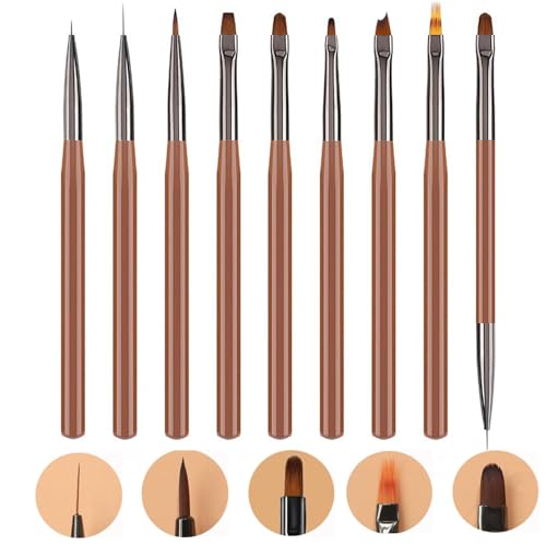 9Pcs Nail Art Brushes Nail Art Tool Set Striping for Long Lines Nail Drawing Pen For Nail Design Brushes for Gel Polish Clean Up Brushes 3D Nail Art Decorations for Women Girls DIY Manicure, Brown - color: MMarch-09
