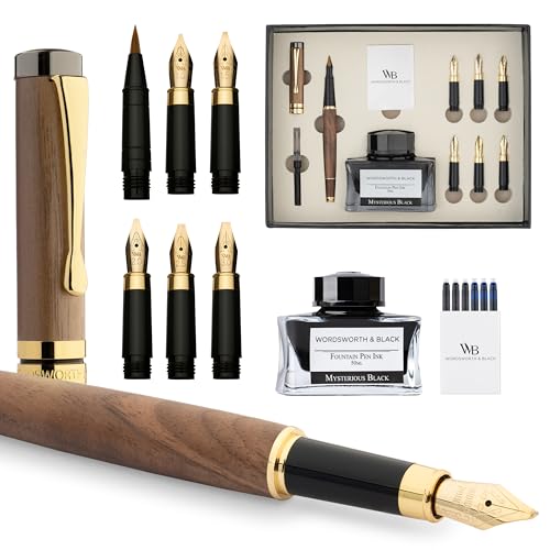 Wordsworth & Black Calligraphy Pen Gift Set, Includes Ink Bottle, 6 Cartridges, Refill Converter, 6 Replacement Nibs, Luxury Bamboo, Journaling, Smooth Writing Pens [Brown Wood] - color: Brown Wood