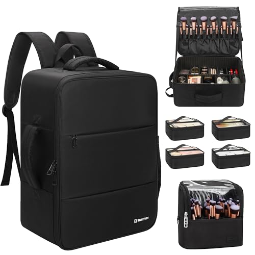 Relavel Makeup Backpack with Makeup Brush Case, Extra Large Travel Train Case Professional Artist Kit Set Bag with 4 Clear Bags, Brush Storage Organizer Box for Cosmetic Hair Tools, Black - color: Black with brush case, size: Large