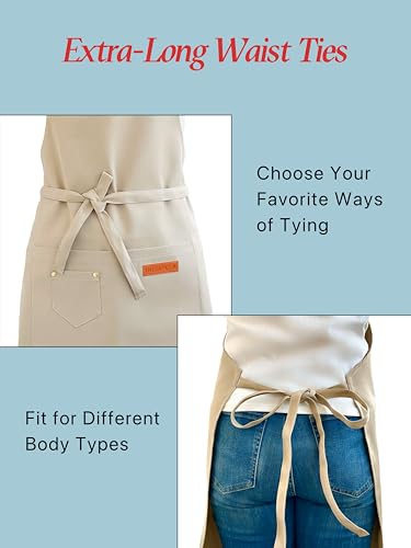 Kitchen Cooking Apron for Women Men Water-Resistant Artist Barista Baking Craft Catering Work Bib with Large Pockets - color: Beige