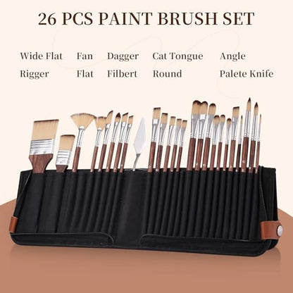 26-Piece Brush Set,Travel Watercolor Brushes, Includes Flat Brushes, Fan Brushes, Cat's Tongue Brushes, and Palette Knives.Suitable for Oil Painting and Watercolor Painting.