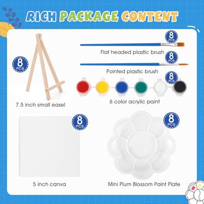 ESRICH 8 Set Mini Acrylic Paint Kit, 5in Mini Stretched Canvas with 7.5in Easel, Acrylic Paint Strips, Paint Palettes, Painting Brushes, Small Canvas and Easel Set for Kids Artists Beginner, Gift - size: 8 set 5 x 5 inches