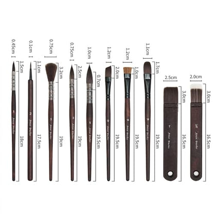 10 Pcs Watercolor Brush Set, Synthetic Hair with Wood Handle, Hake Round Flat Dagger Needle Cat Tongue for Acrylic Gouache Detail Painting