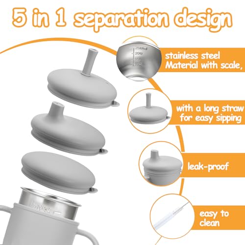 Mity rain 3-In-1 Stainless Steel Sippy Cup for 6+ Month Old, Baby Straw Cups for Toddlers 1-3 with Travel Lid, Silicone Straw, Replacement Straw & Cleaning Brush - 8oz Toddler Cups Spill Proof Set - color: Gray